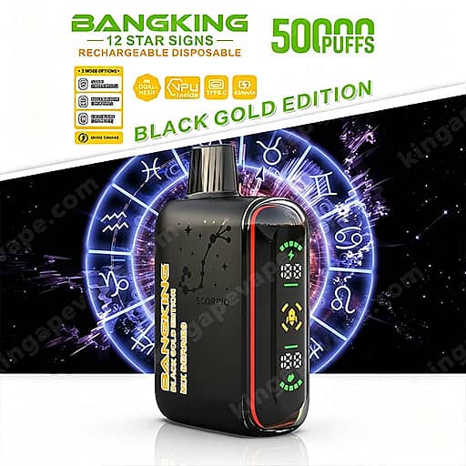 Black And Red Bangking Disposable Vape With A Vertical Digital Display And Star-Sign Branding, Labeled Black Gold Edition For 50,000 Puffs, Shown Against A Cosmic Zodiac Background.