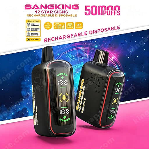 Two black rechargeable disposable vape devices with digital displays on the front, shown on a pink surface against a blue space-themed background; branding reads Bangking 12 Star Signs and 5000 puffs.