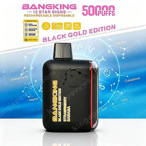 Black Disposable Vape Device With Gold 'Bangking' Branding Placed Against A Blue Zodiac Constellation Background, Advertising The 12 Star Signs Black Gold Edition With 50,000 Puffs.
