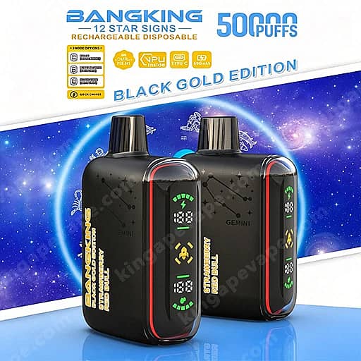 Two Black Bangking Black Gold Edition Disposable Vape Devices With Red Trim And Digital Led Displays, Set Against A Blue Space Background With Text Noting 50,000 Puffs And 12 Star Signs.