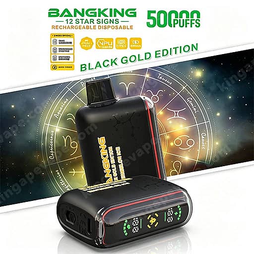 Black Disposable Vape Device With Red Accents Sits In Front Of A Space-Themed Backdrop Featuring A Zodiac Circle, Prominently Displaying The Promotion 'Black Gold Edition' And '50,000 Puffs' Along With Branding 'Bangking' And '12 Star Signs'.