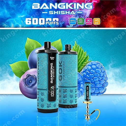 Bang King Shisha 60000 Puffs | Dtl Shisha 60K Vape 3 Two Turquoise Bangking Shisha Vape Bottles With Textured Patterns Stand Side By Side Against A Bright Blue Background, Accompanied By Large Blue-Purple Berries, A Plum, Green Leaves, And A Small Hookah Accessory On The Right.