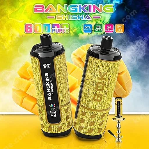 Two gold-textured Bangking Shisha disposable vape devices with black tops sit in front of a bright rainbow background with mango slices, prominently labeled 6000 puffs, with a small mouthpiece accessory on the right.