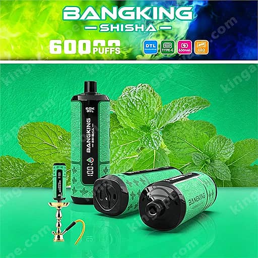 Bang King Shisha 60000 Puffs | Dtl Shisha 60K Vape 11 Bright Green Bangking Shisha Advertisement Featuring Mint-Green And Black Vape Devices And Pods On A Mint-Leaf Background, With A Small Hookah Mouthpiece And A Top Banner That Says Bangking Shisha And 6000 Puffs.