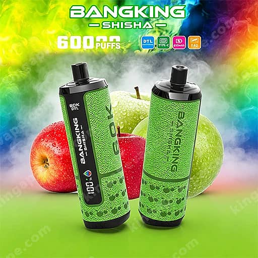 Bang King Shisha 60000 Puffs | Dtl Shisha 60K Vape 10 Two Green Bangking Shisha Vape Devices With Black Tops And Textured Green Bodies Sit On A Bright Green Surface, One Showing A Digital Display Reading 6000 Puffs, With Red And Green Apples And Wisps Of Vapor Against A Colorful Rainbow Backdrop.