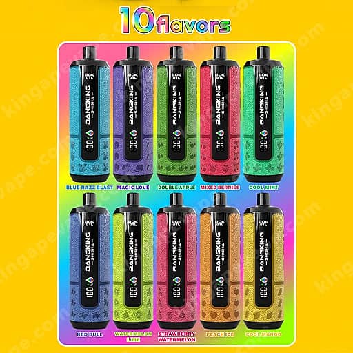 Bang King Shisha 60000 Puffs | Dtl Shisha 60K Vape 2 Ten Vape Juice Bottles Arranged In Two Rows Of Five On A Bright Yellow Background With A Pink-Framed Display And A Banner Reading '10 Flavors', Each Bottle Featuring A Black Label With Colorful Accent Colors.