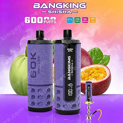 Bang King Shisha 60000 Puffs | Dtl Shisha 60K Vape 9 Two Purple Bangking Shisha Disposable Vape Bottles With Black Caps And Textured Surfaces Sit In Front Of A Purple-To-Orange Gradient Background, With Fruit Imagery (Green Apple And Halved Passion Fruit) Beside Them, Advertising 600 Puffs And Dtl-Type Features.