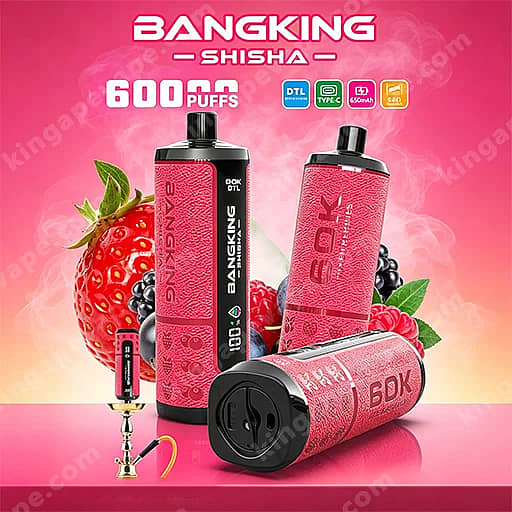 Bang King Shisha 60000 Puffs | Dtl Shisha 60K Vape 8 Three Pink Bangking Shisha Vape Devices With Textured Panels Stand Against A Pink Gradient Background, Surrounded By Strawberries And Blackberries, Featuring Bold '6000 Puffs' Text As A Promotional Advertisement.