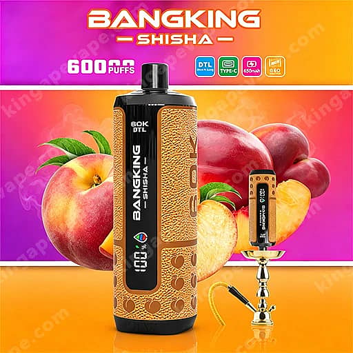 Bang King Shisha 60000 Puffs | Dtl Shisha 60K Vape 7 Bangking Shisha Disposable Vape With A Brown Textured Body And Digital Display Sits Among Peaches, Next To A Small Gold Hookah, Against A Pink-To-Orange Gradient Background Featuring The Bangking Shisha Logo And '6000 Puffs'.