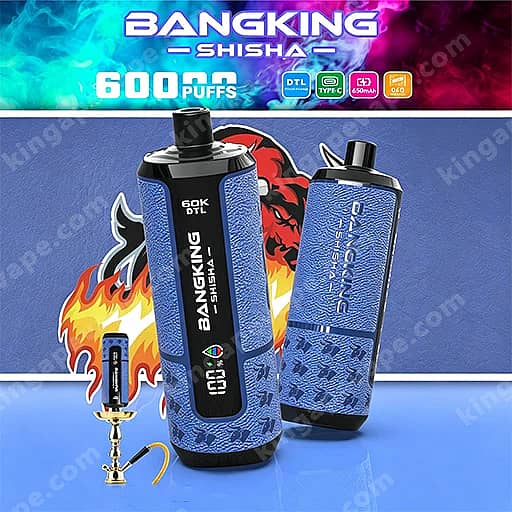 Bang King Shisha 60000 Puffs | Dtl Shisha 60K Vape 6 Two Blue Bangking Shisha Vape Devices With Black Caps And Textured Patterned Bodies Stand Upright On A Blue Surface, With A Fiery Backdrop And A Banner Reading 'Bangking Shisha 6000 Puffs' At The Top.