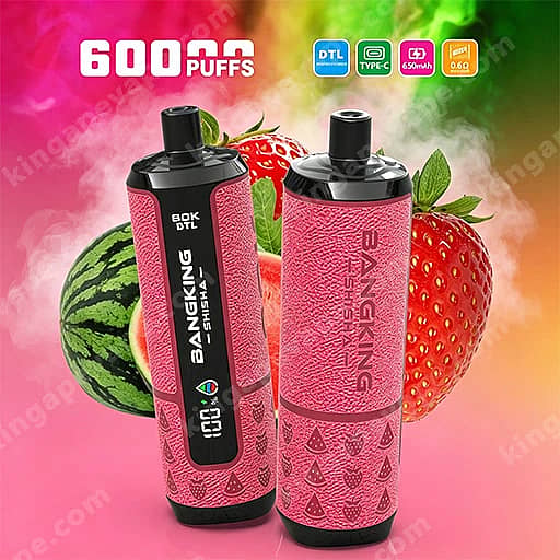 Bang King Shisha 60000 Puffs | Dtl Shisha 60K Vape 5 Two Pink Textured Disposable Vape Pens With Black Mouthpieces Stand Upright Against A Bright, Fruit-Themed Gradient Background Featuring Strawberries And A Watermelon, With A Prominent &Quot;6000 Puffs&Quot; Label And Small Icons For Dtl, Type-C, And 650Mah.