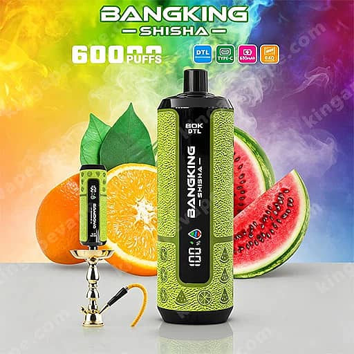 Bang King Shisha 60000 Puffs | Dtl Shisha 60K Vape 4 Green Bangking Shisha Disposable Vape With A Black Label Stands Upright In Front Of Sliced Orange And Watermelon On A Bright Rainbow Gradient Background, With '6000 Puffs' Text Visible.