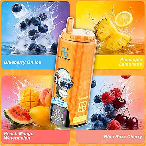 Bright, Four-Panel Collage Surrounding An Orange Portable Blender With A Cartoon Astronaut Decal, Featuring Flavor Panels Labeled Blueberry On Ice, Pineapple Lemonade, Peach Mango Watermelon, And Blue Razz Cherry With Images Of Blueberries, Pineapple, Peach, Mango, Watermelon, Raspberries And Cherries.