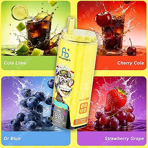 Yellow Handheld Blender Centered In Front Of Four Colorful Recipe Panels Labeled Cola Lime (Green), Cherry Cola (Red), Dr Blue (Blue), And Strawberry Grape (Purple), Each Featuring Splashy Fruit And Drink Imagery Such As Lime, Cherry, Blueberries, Strawberries And Grapes.
