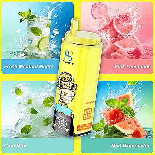 Centered Bright Yellow Portable Blender With A Display And Cartoon Graphic, Flanked By Four Colorful Drink Panels—Fresh Menthol Mojito On Blue With Mint And Lime, Pink Lemonade On Pink With Citrus Slices, Cool Mint On Light Blue With Mint And Ice, And Mint Watermelon On Teal With Mint And Watermelon.