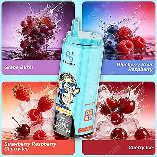 Bright Blue Vape Device With A Curved Mouthpiece Sits Upright In The Center, Surrounded By Four Flavor Panels Labeled Grape Burst, Blueberry Sour Raspberry, Strawberry Raspberry Cherry Ice, And Cherry Ice.