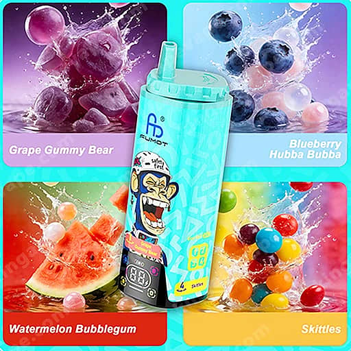 A Turquoise Disposable Vape Device Stands Upright In The Center With A Patterned Body And A Top Mouthpiece, Surrounded By Four Colorful Flavor Panels Labeled Grape Gummy Bear, Blueberry Hubba Bubba, Watermelon Bubblegum, And Skittles.