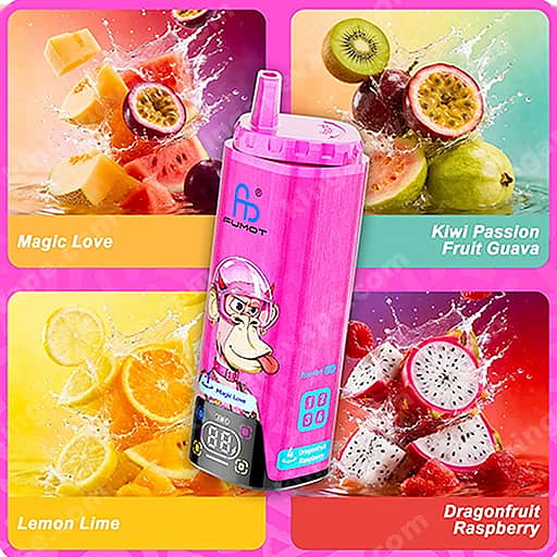 A Bright Pink Portable Blender With A Cartoon Monkey Illustration, A Digital Display, And Control Buttons Sits In The Center Of A Colorful Background Collage Of Fruit Drinks Labeled Magic Love, Kiwi Passion Fruit Guava, Lemon Lime, And Dragonfruit Raspberry.