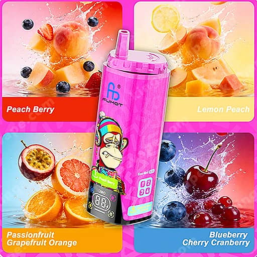 A Pink Portable Blender With A Cartoon Monkey On The Front Sits In The Center, Surrounded By Four Colorful Fruit Panels Showing Flavors: Peach Berry, Lemon Peach, Passionfruit Grapefruit Orange, And Blueberry Cherry Cranberry.