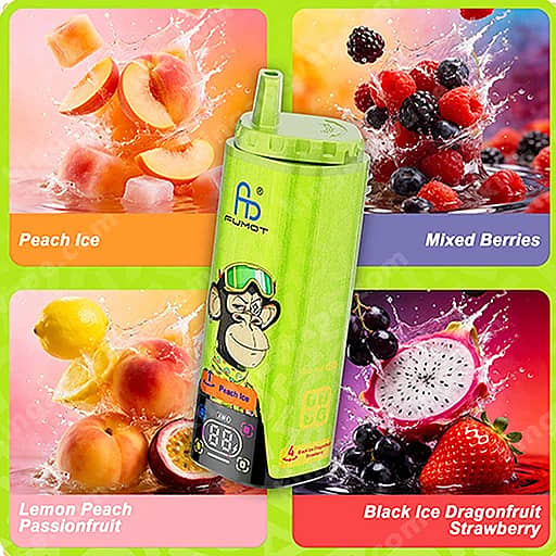 Bright Green Vape Device With A Cartoon Monkey On Its Side Stands Upright In The Center, Set Against A Four-Panel Fruit-Flavor Background Showing Peach Ice, Mixed Berries, Lemon Peach Passionfruit, And Black Ice Dragonfruit Strawberry.