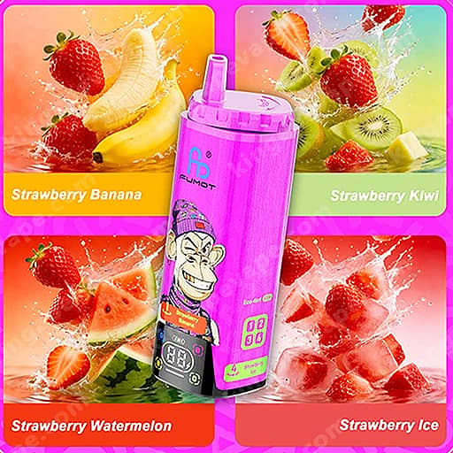 Bright Advertisement Image With A Pink Cylindrical Handheld Device Featuring A Cartoon Monkey On Its Side And A Nozzle On Top, Centered Among Four Colorfully Framed Fruit Panels Labeled Strawberry Banana, Strawberry Kiwi, Strawberry Watermelon, And Strawberry Ice, Each With Splashing Fruit Imagery.