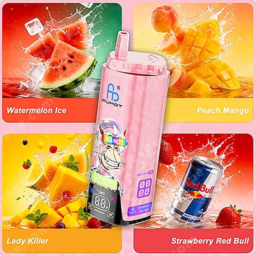 A Pink Portable Blender Bottle With A Lid And Digital Display Sits Upright In The Center, Surrounded By Four Colorful Panels Showing Fruit Imagery And Flavor Labels: Watermelon Ice, Peach Mango, Lady Killer, And Strawberry Red Bull.