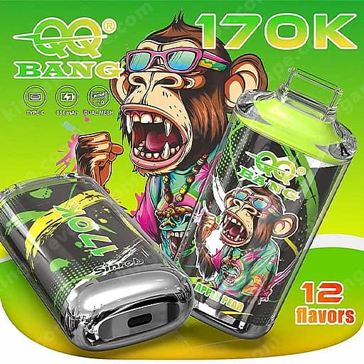 Bright green QQ Bang 170K packaging featuring a screaming cartoon monkey with sunglasses beside two shiny metal bottles, advertising 12 flavors.