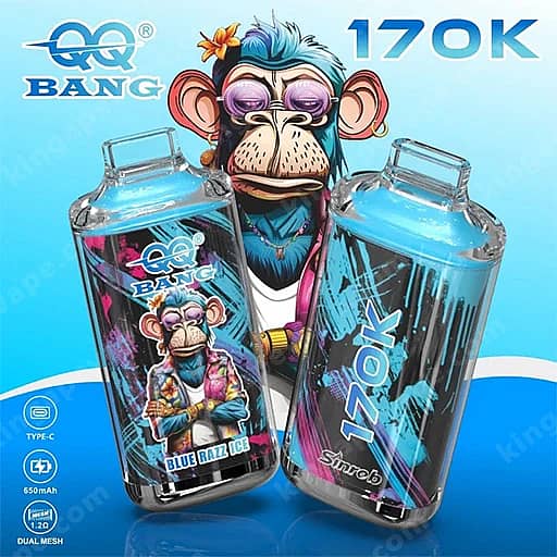 Two Translucent Blue Vape Devices Featuring A Cartoon Monkey With Blue Hair And Sunglasses, One Labeled 'Blue Razz Ice' And The Other Showing '170K', With Qq Bang Branding On A Blue Gradient Background.