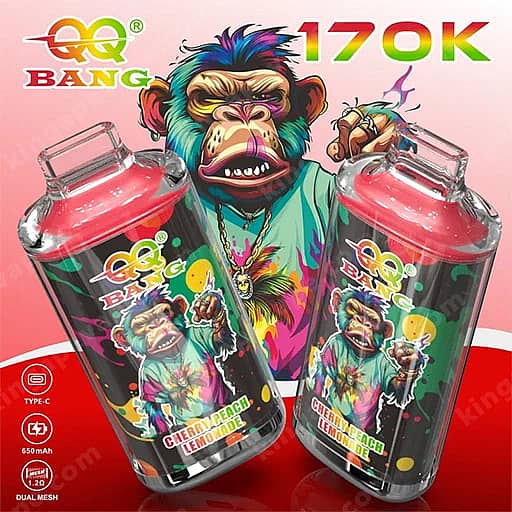 Two Tall Clear Bottles With Red Caps And Black Labels Featuring A Colorful Cartoon Chimpanzee And The Qq Bang Logo, Set Against A Pink Gradient Background With '170K' Text Above.