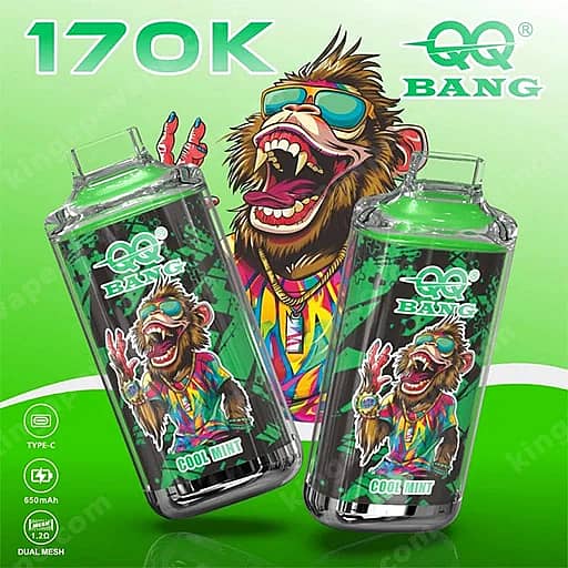 Two Bottle-Shaped Vape Devices In Green And Black With Cartoon Monkey Wearing Sunglasses And The Label Qq Bang Cool Mint, Set Against A Bright Green Background With 170K At The Top.