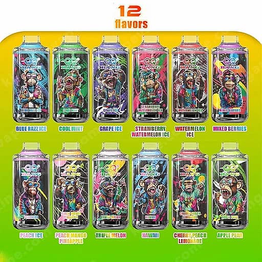 A Bright Two-Row Display Of Twelve Colorful Bottled Vape Flavors, Each Label Featuring A Cartoon Monkey, With A '12 Flavors' Heading Above Against A Yellow-Green Background.