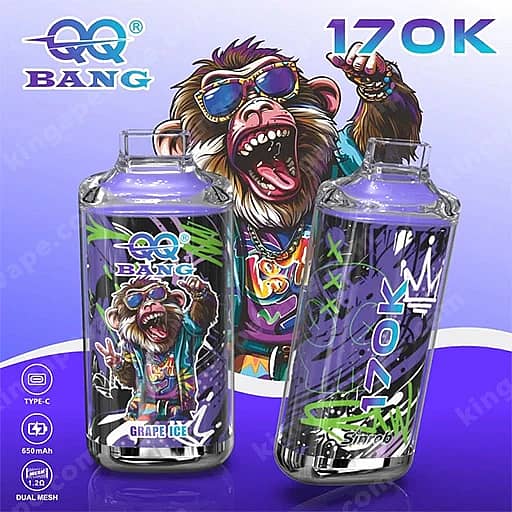 Two Purple Vape Juice Bottles With A Cartoon Monkey Wearing Sunglasses On A Purple Gradient Background; The Left Bottle Shows A Cartoon Monkey And The Label 'Grape Ice,' While The Right Bottle Features Bold Graphics And '170K' Text.