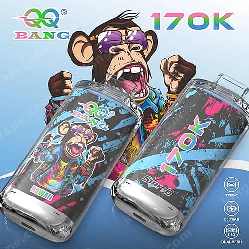 Two Clear Water Bottles With Graffiti-Style Cartoon Monkey Designs And The Qq Bang Logo; One Shows 'Hawaii' And The Other '170K' On A Blue Background.