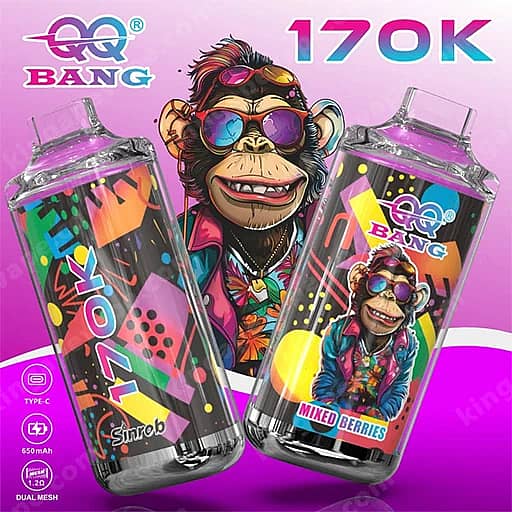 Two Transparent Vape Devices With Colorful Geometric Labels Featuring A Cartoon Monkey Wearing Sunglasses, Set Against A Pink-To-Purple Gradient Background With Qq Bang Branding And A Mixed Berries Flavor Label.