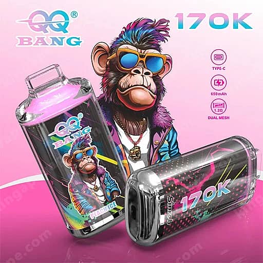 Promotional Image For Qq Bang 170K Vape Device, Featuring A Cartoon Monkey Wearing Blue Sunglasses And A Blue Jacket, Two Glossy Containers With Qq Bang Branding Against A Pink Gradient Background, And Icons Indicating Type-C, 650 Mah, And Dual Mesh.