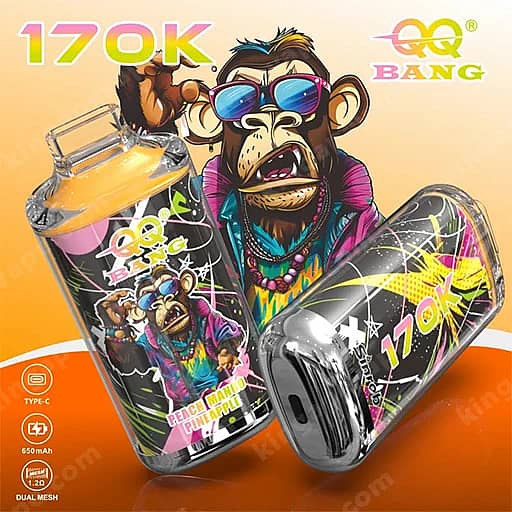 A Bright Cartoon Advertisement Featuring A Sunglasses-Wearing Monkey Next To A Bottle-Shaped And A Can-Shaped Vape Device, Both Covered In Neon Graphics And The 170K Branding, With The Qq Bang Logo On An Orange Gradient Background.