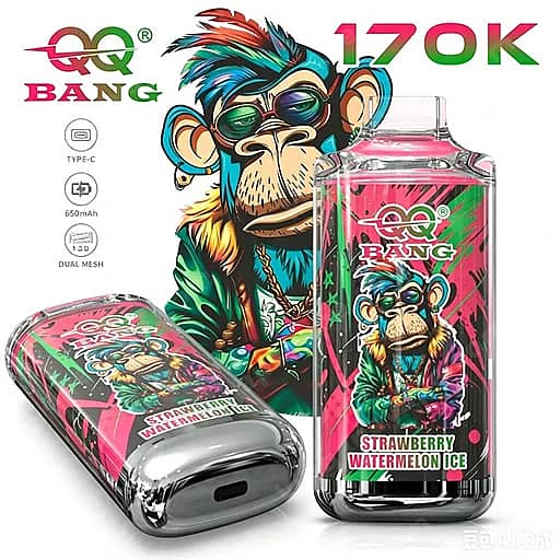 Two Colorful Qq Bang Disposable Vape Devices Featuring A Cartoon Monkey Wearing Sunglasses On A Bright Pink And Green Design; One Upright With A Pink Bottle Pod And The Other Lying On Its Side, Both Labeled Strawberry Watermelon Ice.