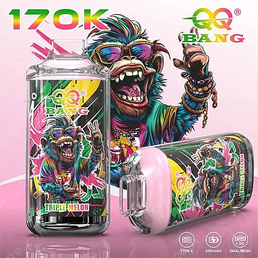 Two Clear Glass Vaping Devices Featuring Bright Cartoon Monkey Artwork And The Qq Bang Logo; One Upright Bottle Shows A 'Triple Melon' Label, The Other Lies On Its Side, All Set Against A Pink Gradient Background.
