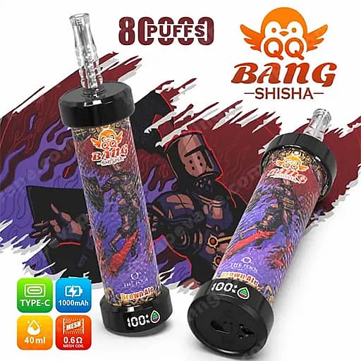 Dos dispositivos Bang Shisha Vape con ilustraciones moradas, boquillas de vidrio y tapas negras, sobre un fondo colorido con el logotipo Qq Bang Shisha.