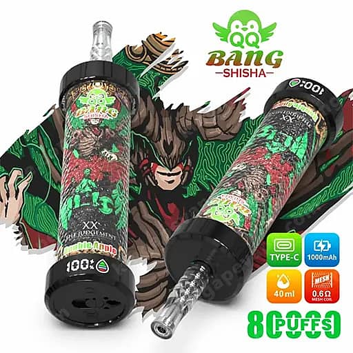 Dos bolígrafos desechables Bang Shisha con boquillas negras y etiquetas coloridas con el logotipo y el arte gráfico de Bang Shisha, sobre un fondo verde y rojo intenso; .