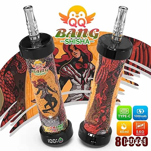 Dos dispositivos electrónicos de vapeo Bang Shisha con boquillas cromadas y bases negras, envueltos en ilustraciones de un dragón rojo anaranjado y la marca Bang Shisha, en un fondo colorido de estilo cómic.