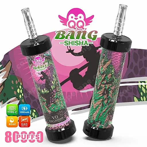 Dos cápsulas de vapeo Bang Shisha con diseños de camuflaje rosa y verde, tapas negras y boquillas de metal, frente a un fondo promocional morado con el logotipo de Bang Shisha.