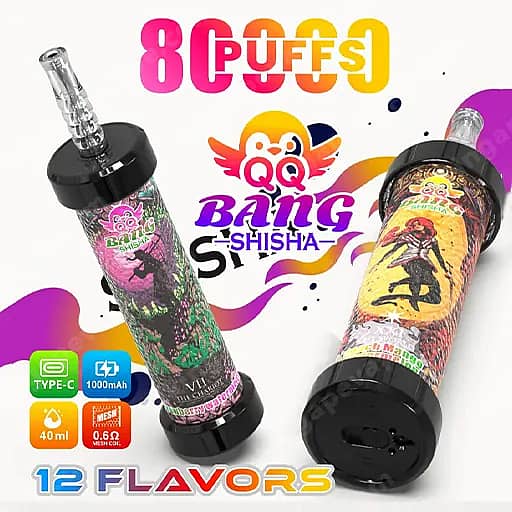 Dos dispositivos Bang Shisha Vape con etiquetas gráficas coloridas y boquillas negras sobre un fondo blanco; .