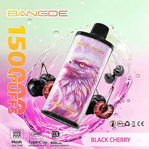 Bang De 150000 Puffs 150K Falcon Crystal Disposable Vape 5 A Bangde Disposable Vape Pen Angled Diagonally With A Purple Phoenix Label, 7500 Puffs, And Black Cherry Flavor, Set Against A Pastel Pink-Green Background With Cherries Around.