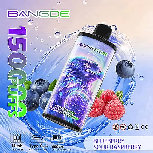 Bang De 150000 Puffs 150K Falcon Crystal Disposable Vape 14 Bangde Disposable Vape Bottle With A Purple Eagle On The Label, Flavor Blueberry Sour Raspberry, Set Against A Water Splash With Blueberries And Raspberries.