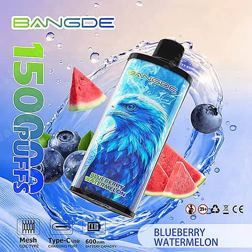 Bang De 150000 Puffs 150K Falcon Crystal Disposable Vape 13 A Bangde Blueberry Watermelon Disposable Vape Device Tilted Against A Splashy Blue Background, Featuring A Blue Wolf Artwork On The Label With Blueberries And Watermelon Slices Around It And A Bright Green '1500 Puffs' Text Along The Left Edge.