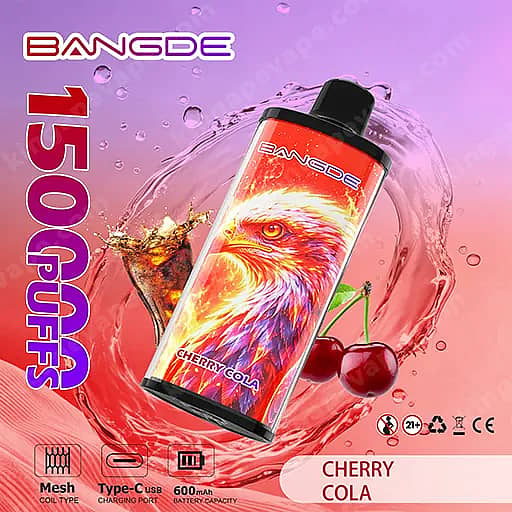 Bang De 150000 Puffs 150K Falcon Crystal Disposable Vape 12 Bangde Vape Device With A Bright Phoenix Illustration And The Label Cherry Cola, Tilted Diagonally Against A Pink-To-Orange Splash Background With Cherries; Vertical '1500Mah' Text Appears On The Left.
