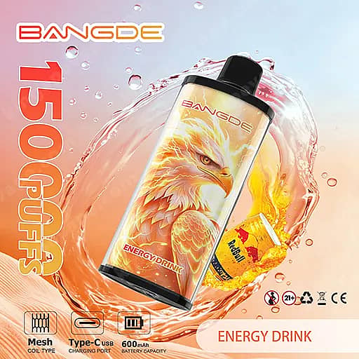 Bang De 150000 Puffs 150K Falcon Crystal Disposable Vape 11 A Bangde Energy Drink Bottle With An Eagle Graphic Is Tilted Amid A Splash Of Water, With A Small Yellow Can In The Background, Bold Vertical '7500Mg' Text On The Left, And The 'Bangde' Branding At The Top With 'Energy Drink' Shown At The Bottom.