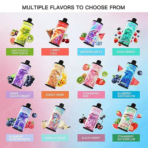 Bang De 150000 Puffs 150K Falcon Crystal Disposable Vape 2 Grid Of Twelve Colorful Vape Juice Bottles Arranged In A 3X4 Layout, Each With A Labeled Flavor Such As Kiwi Passion Fruit Guava, Cherry Cola, Watermelon Ice, Mixed Berries, Grape Blackcurrant, Energy Drink, Strawberry Kiwi, Blueberry Watermelon, Blueberry Sour Raspberry, Vanilla Cream, Black Cherry, And Strawberry Watermelon.