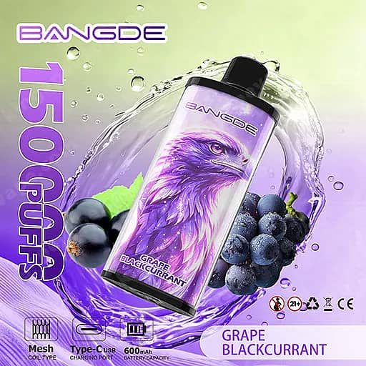 Bang De 150000 Puffs 150K Falcon Crystal Disposable Vape 3 A Tilted Bottle Of Bangde Vape Juice With A Purple Eagle On The Label, Labeled Grape Blackcurrant, Set Against A Swirling Purple And Green Background With Grapes.